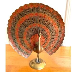 Vintage Brass Peacock Figurine Handcrafted in India Fanned Tail Red Accents